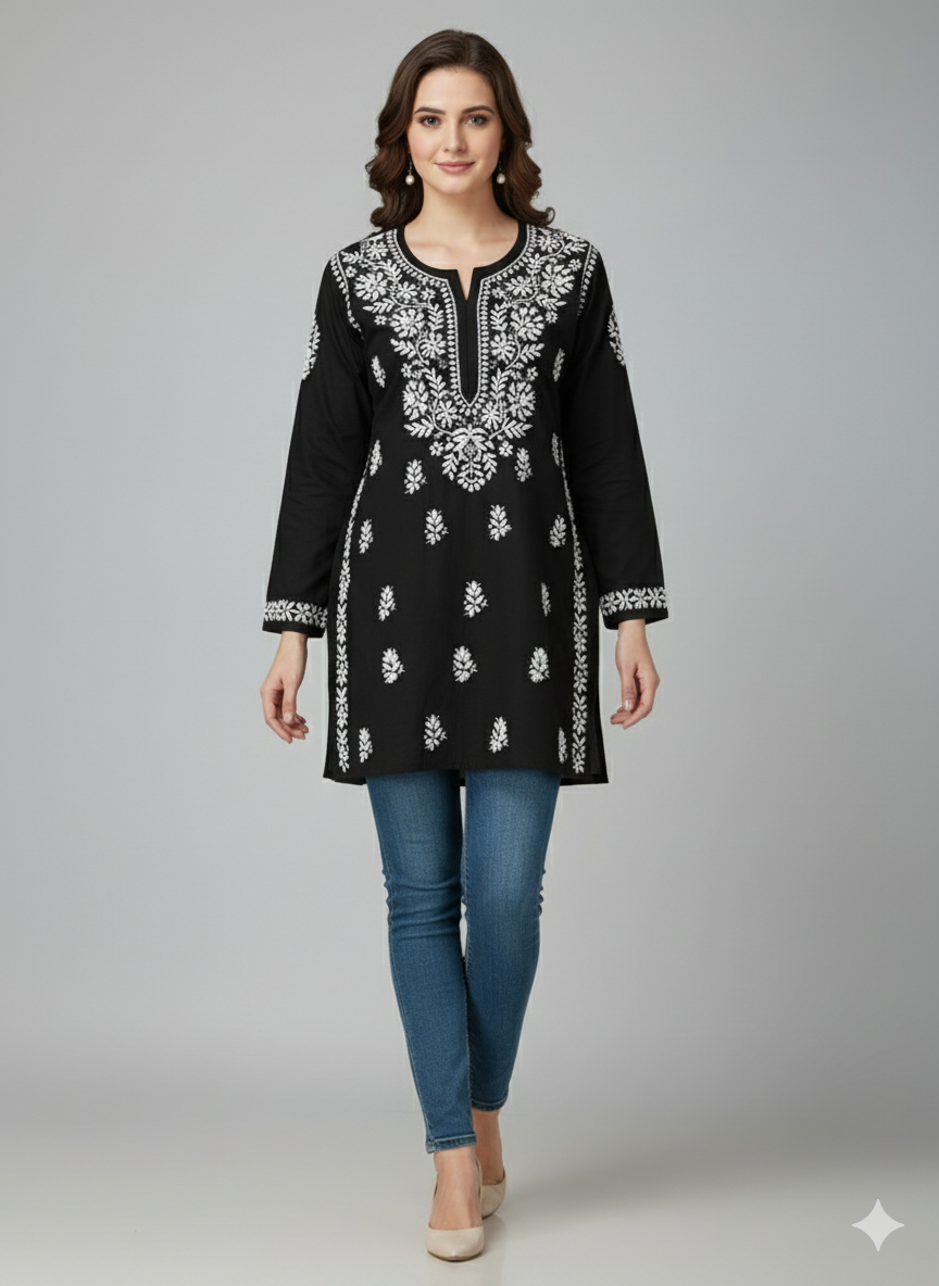 "Short Rayon Lucknowi Chikankari Kurti with Hand Embroidery"