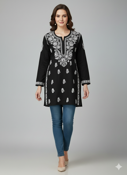 "Short Rayon Lucknowi Chikankari Kurti with Hand Embroidery"