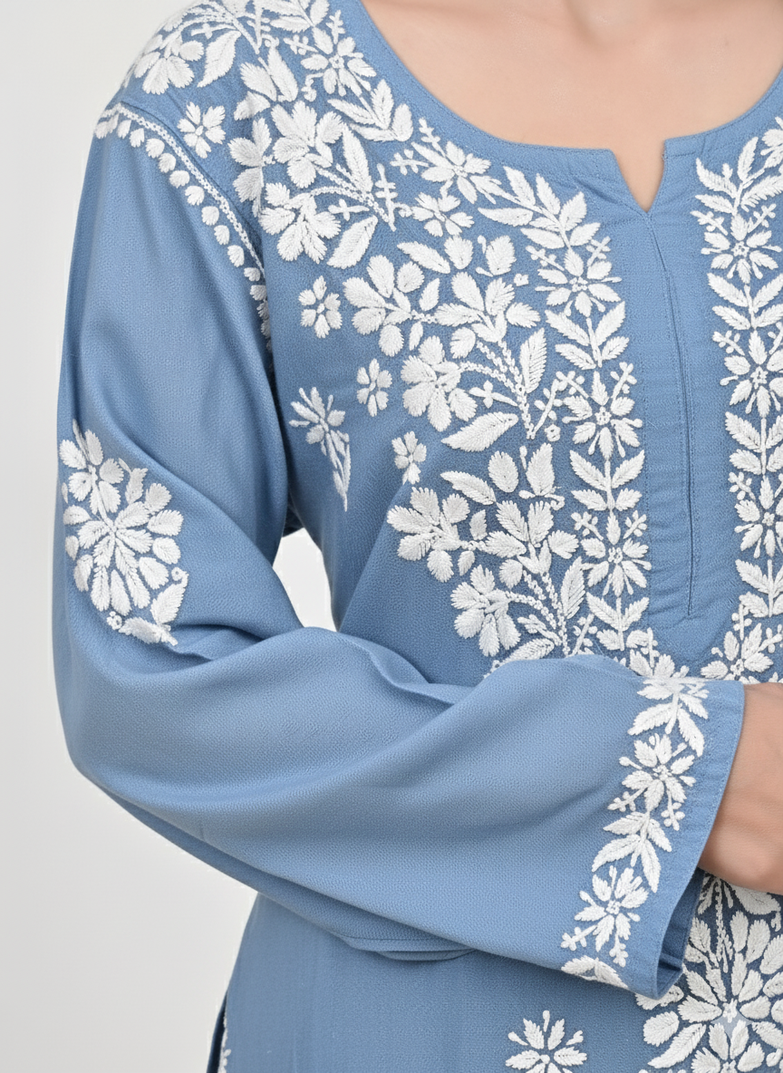 MS CHIKAN ARTS Women's Rayon Full Sleeve Lucknowi Chikankari Hand Work Round Neck Kurti