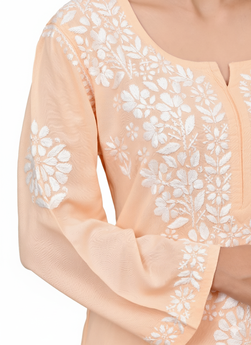 MS CHIKAN ARTS Women's Rayon Full Sleeve Lucknowi Chikankari Hand Work Round Neck Kurti