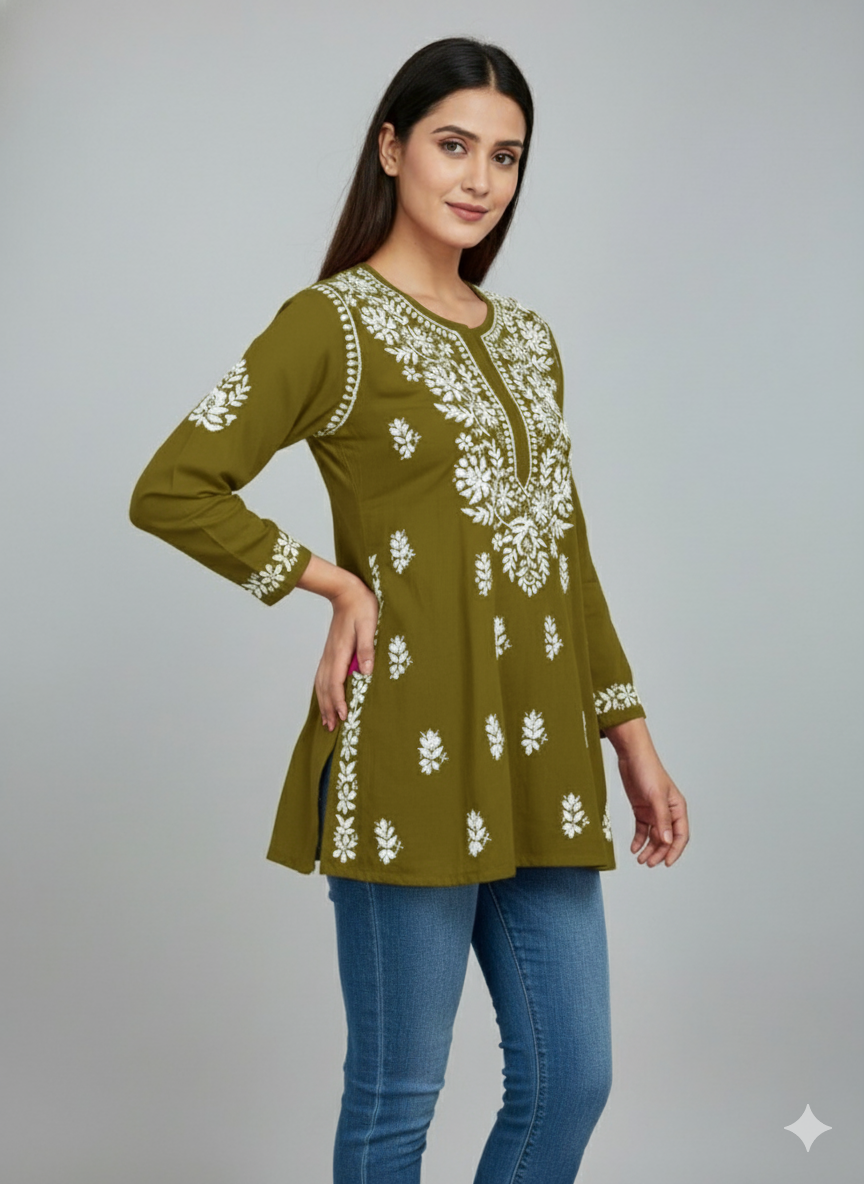 "Short Rayon Lucknowi Chikankari Kurti with Hand Embroidery"