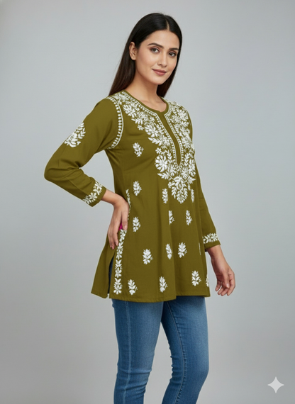 "Short Rayon Lucknowi Chikankari Kurti with Hand Embroidery"