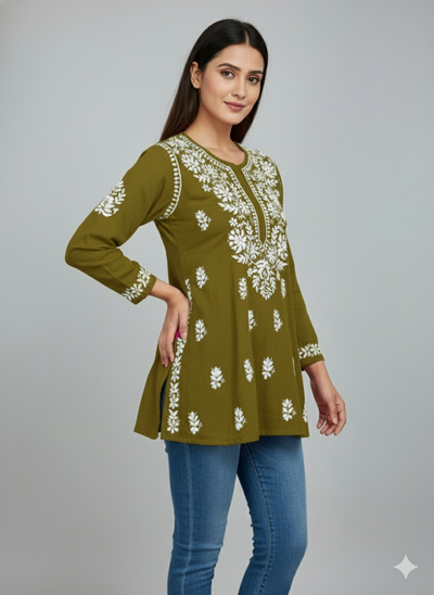 "Short Rayon Lucknowi Chikankari Kurti with Hand Embroidery"