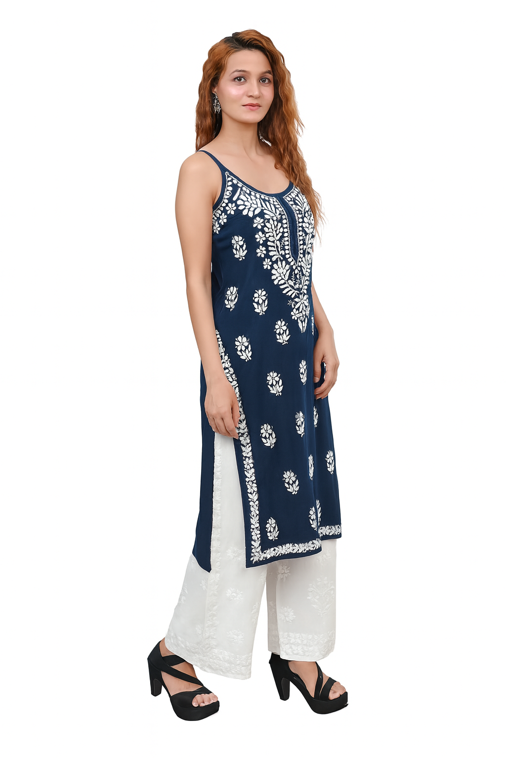 MS CHIKAN ARTS Women's Rayon Sleeveless Lucknowi Chikankari Hand Work Round Neck Kurti