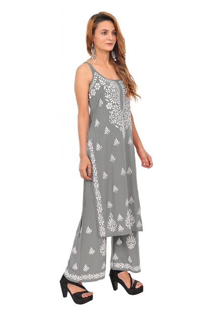 MS CHIKAN ARTS Women's Rayon Sleeveless Kurti with Palazzo Set, Lucknowi Chikankari Hand Embroidery