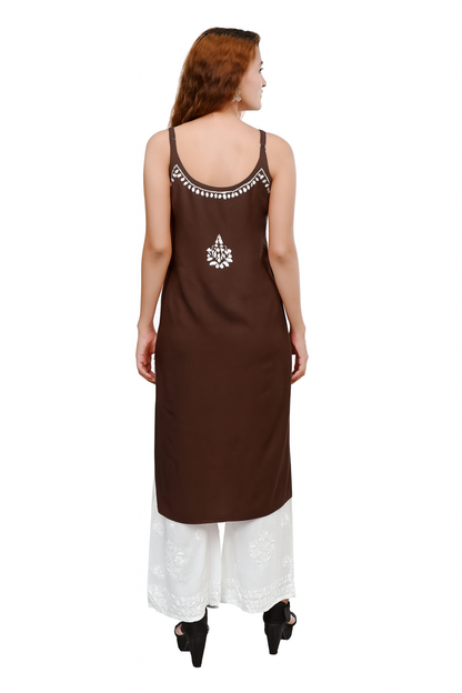 MS CHIKAN ARTS Women's Rayon Sleeveless Lucknowi Chikankari Hand Work Round Neck Kurti