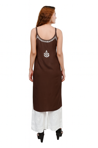 MS CHIKAN ARTS Women's Rayon Sleeveless Lucknowi Chikankari Hand Work Round Neck Kurti