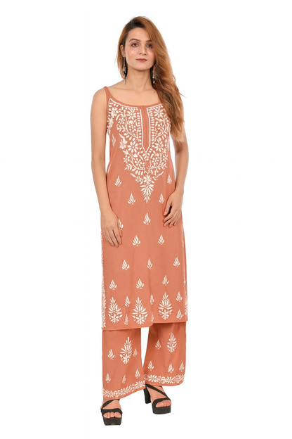 MS CHIKAN ARTS Women's Rayon Sleeveless Kurti with Palazzo Set, Lucknowi Chikankari Hand Embroidery