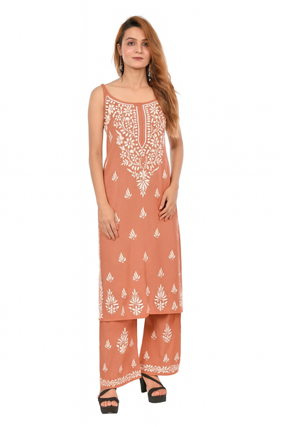 MS CHIKAN ARTS Women's Rayon Sleeveless Kurti with Palazzo Set, Lucknowi Chikankari Hand Embroidery