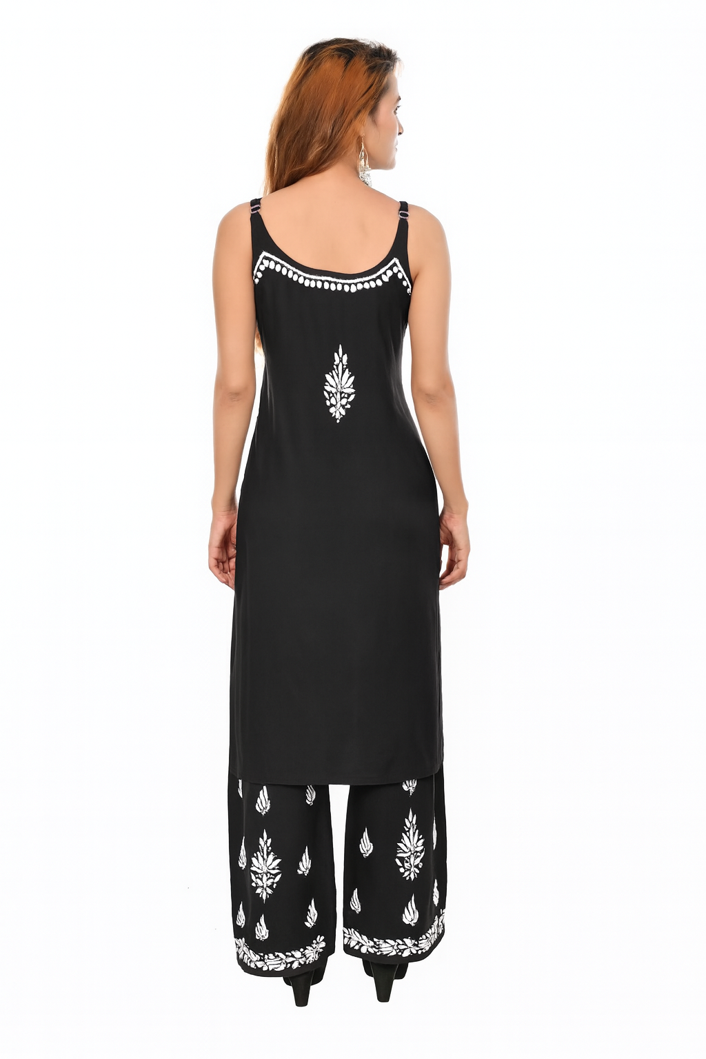 MS CHIKAN ARTS Women's Rayon Sleeveless Kurti with Palazzo Set, Lucknowi Chikankari Hand Embroidery