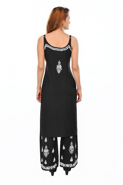 MS CHIKAN ARTS Women's Rayon Sleeveless Kurti with Palazzo Set, Lucknowi Chikankari Hand Embroidery