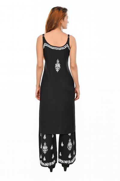 MS CHIKAN ARTS Women's Rayon Sleeveless Kurti with Palazzo Set, Lucknowi Chikankari Hand Embroidery