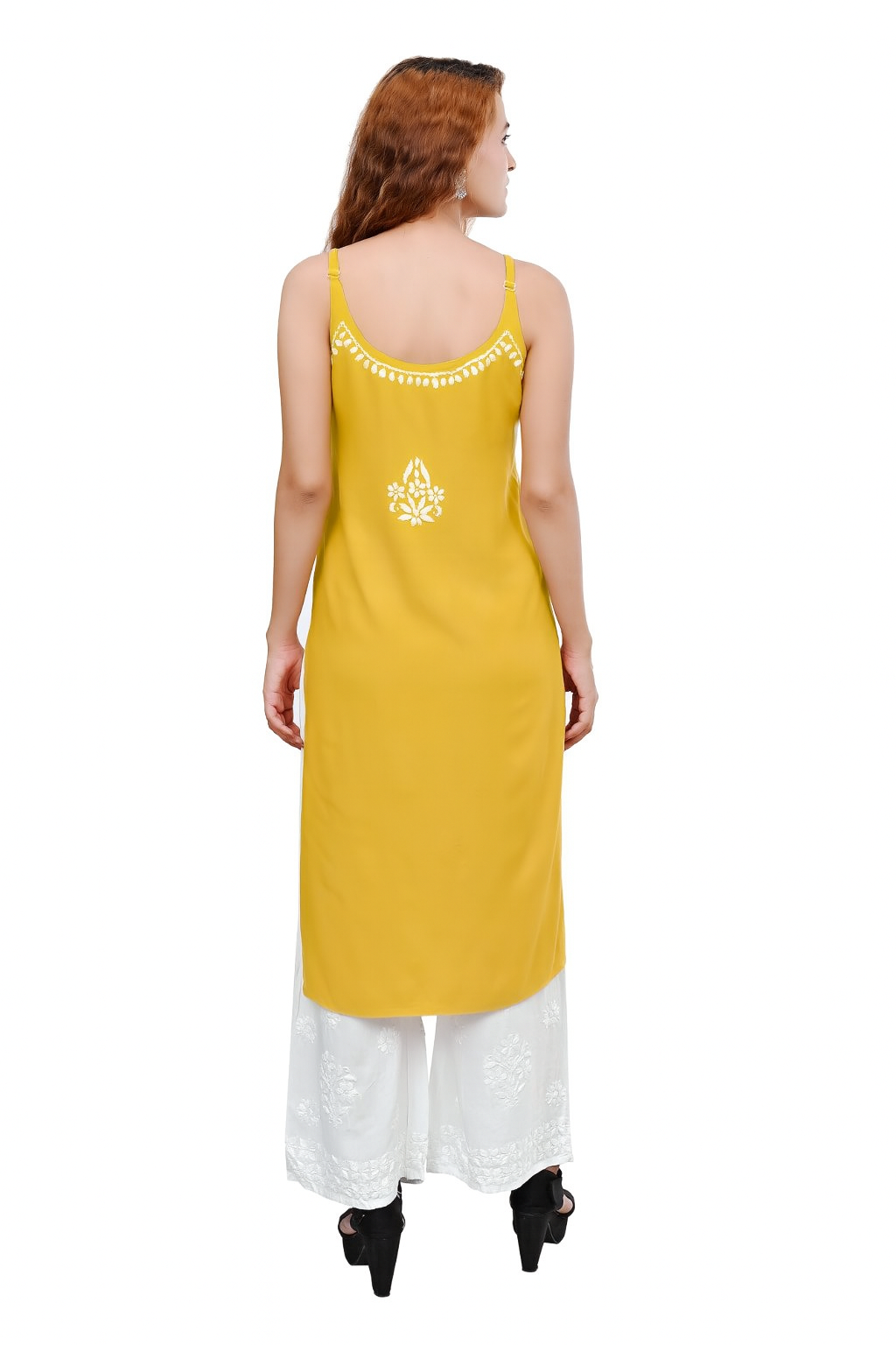 MS CHIKAN ARTS Women's Rayon Sleeveless Lucknowi Chikankari Hand Work Round Neck Kurti