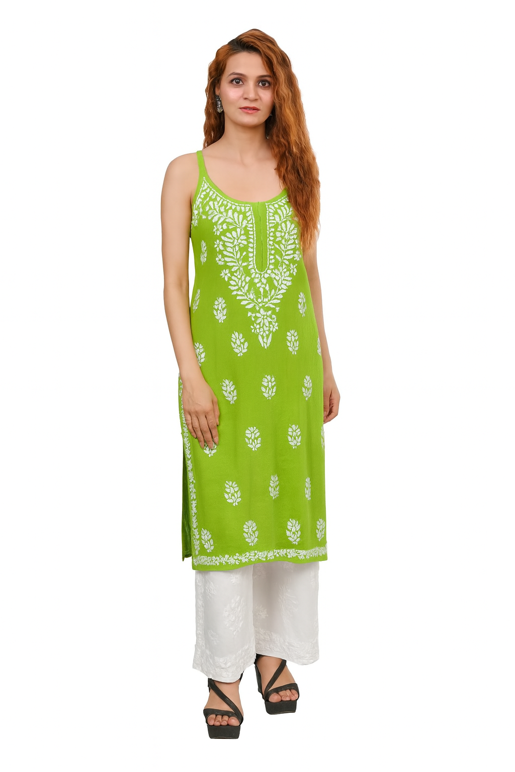 MS CHIKAN ARTS Women's Rayon Sleeveless Lucknowi Chikankari Hand Work Round Neck Kurti