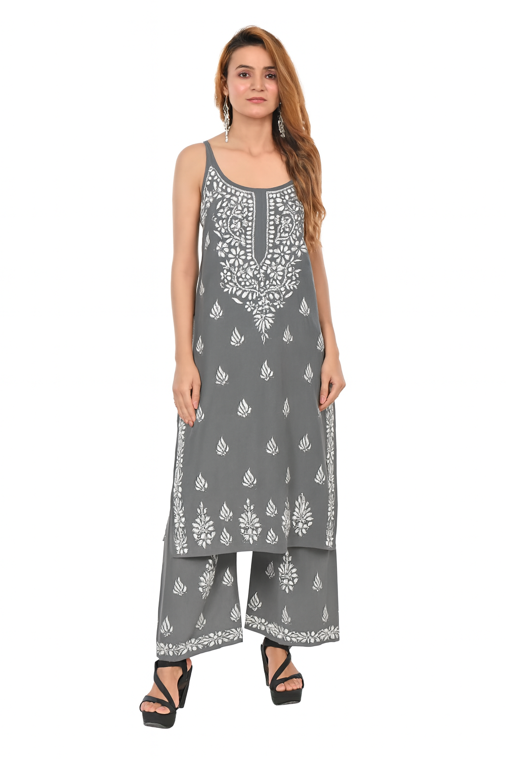MS CHIKAN ARTS Women's Rayon Sleeveless Kurti with Palazzo Set, Lucknowi Chikankari Hand Embroidery