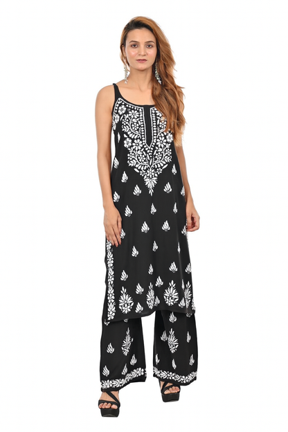 MS CHIKAN ARTS Women's Rayon Sleeveless Kurti with Palazzo Set, Lucknowi Chikankari Hand Embroidery