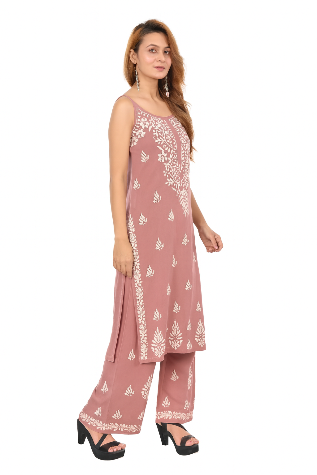 MS CHIKAN ARTS Women's Rayon Sleeveless Kurti with Palazzo Set, Lucknowi Chikankari Hand Embroidery