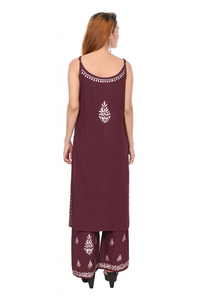 MS CHIKAN ARTS Women's Rayon Sleeveless Kurti with Palazzo Set, Lucknowi Chikankari Hand Embroidery