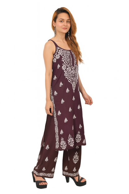 MS CHIKAN ARTS Women's Rayon Sleeveless Kurti with Palazzo Set, Lucknowi Chikankari Hand Embroidery