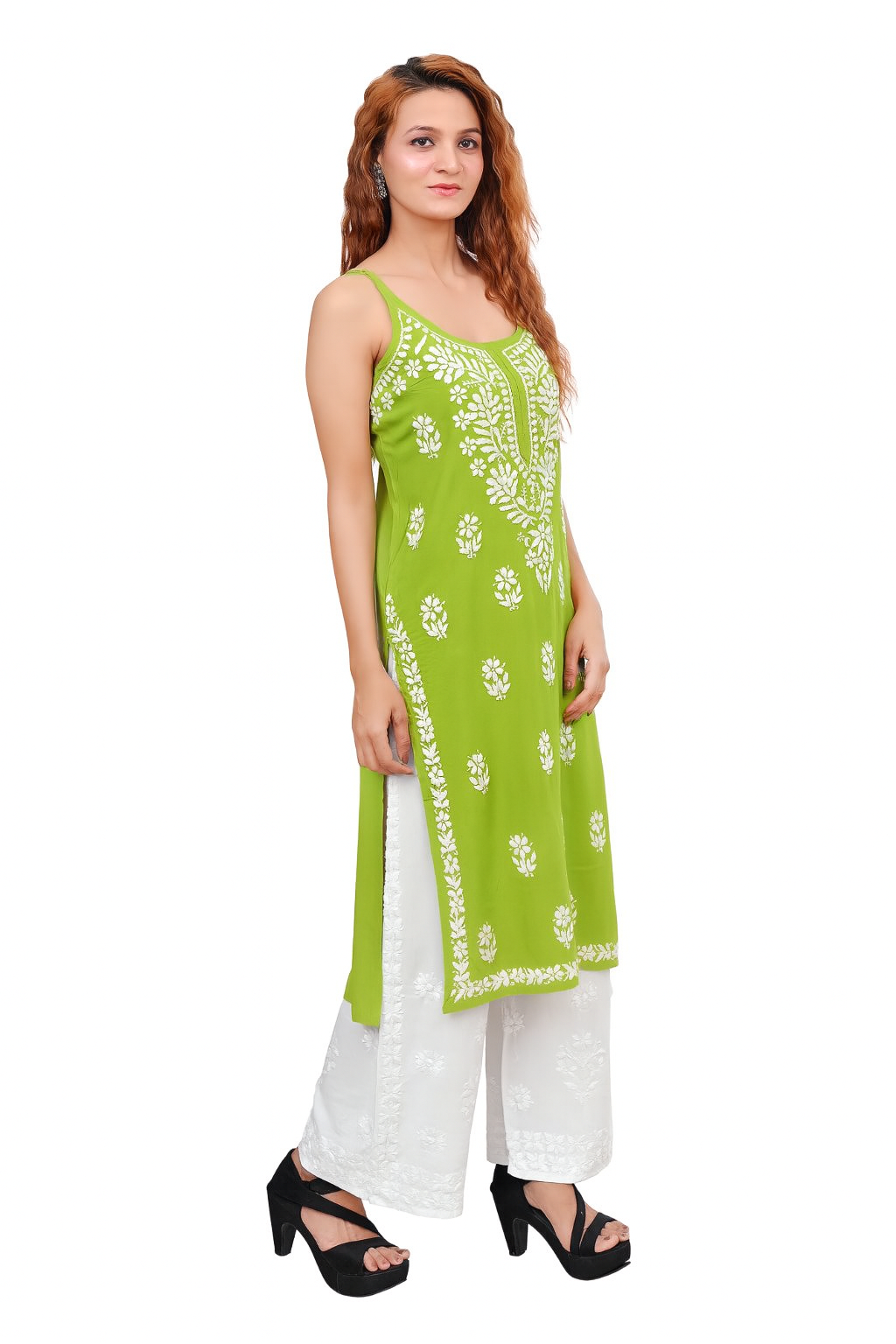 MS CHIKAN ARTS Women's Rayon Sleeveless Lucknowi Chikankari Hand Work Round Neck Kurti