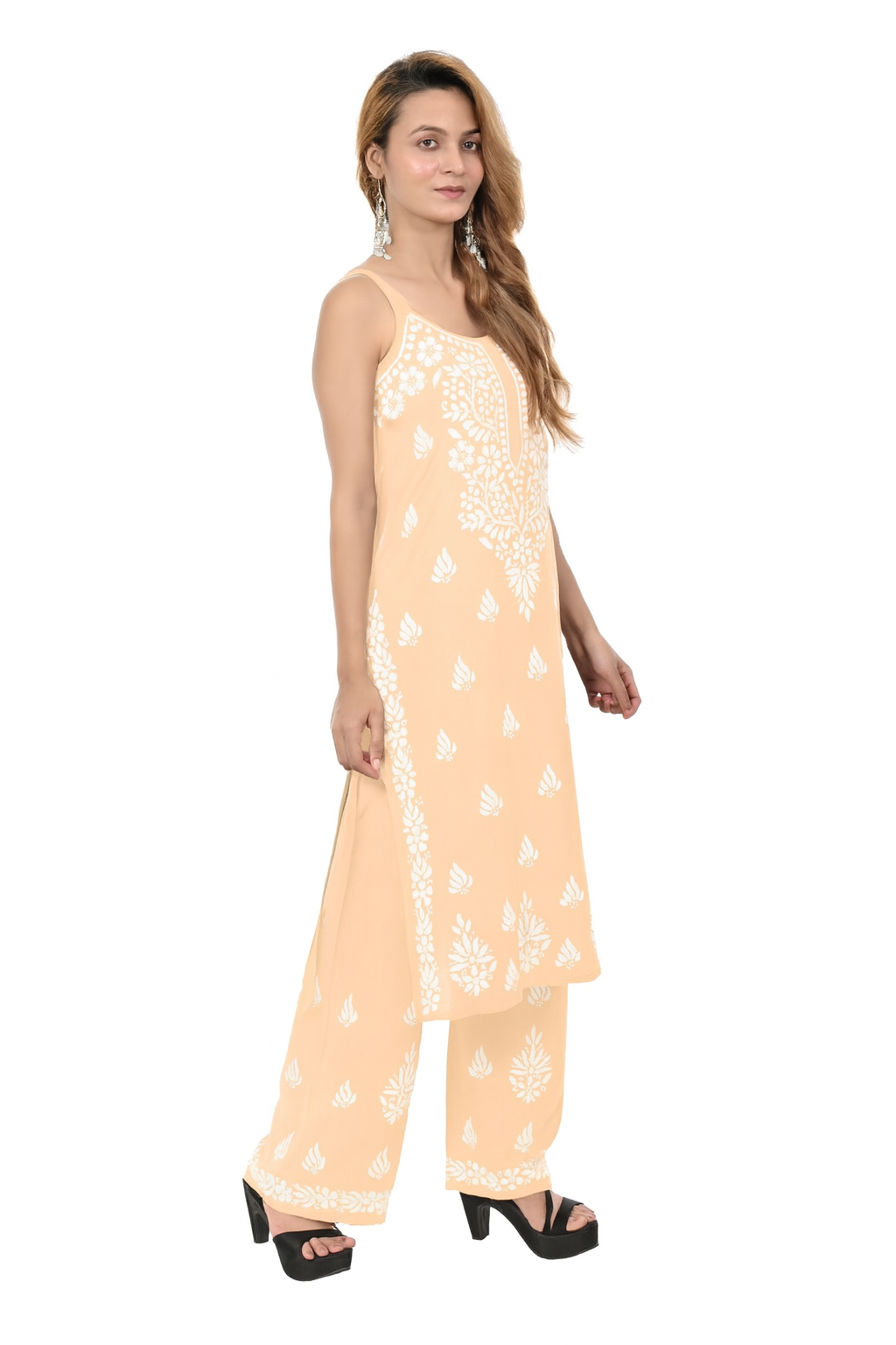 MS CHIKAN ARTS Women's Rayon Sleeveless Kurti with Palazzo Set, Lucknowi Chikankari Hand Embroidery