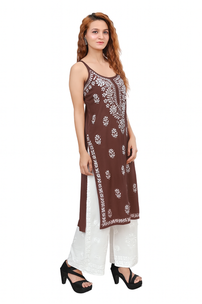 MS CHIKAN ARTS Women's Rayon Sleeveless Lucknowi Chikankari Hand Work Round Neck Kurti