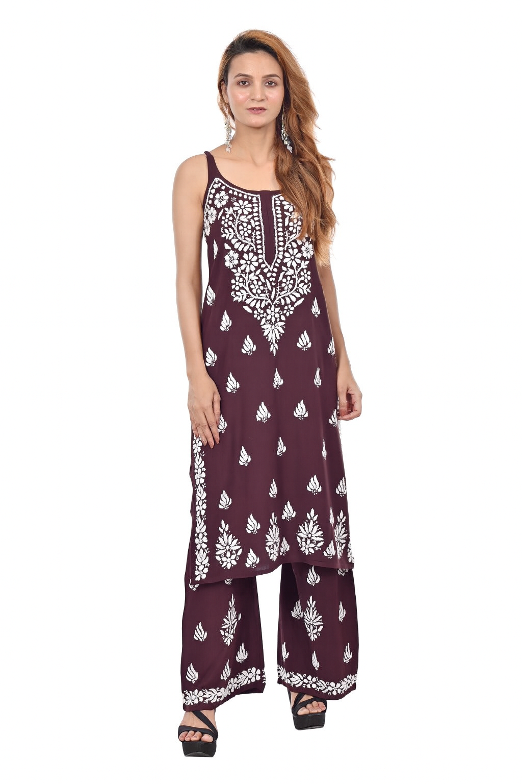 MS CHIKAN ARTS Women's Rayon Sleeveless Kurti with Palazzo Set, Lucknowi Chikankari Hand Embroidery