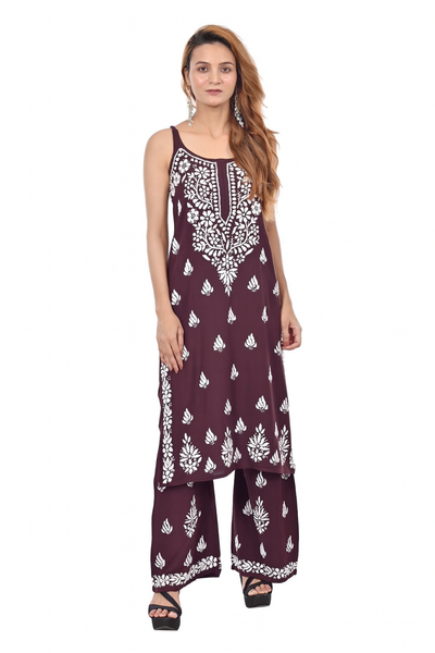 MS CHIKAN ARTS Women's Rayon Sleeveless Kurti with Palazzo Set, Lucknowi Chikankari Hand Embroidery