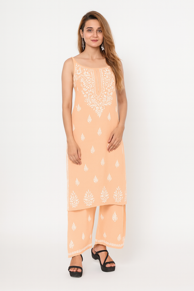 MS CHIKAN ARTS Women's Rayon Sleeveless Kurti with Palazzo Set, Lucknowi Chikankari Hand Embroidery