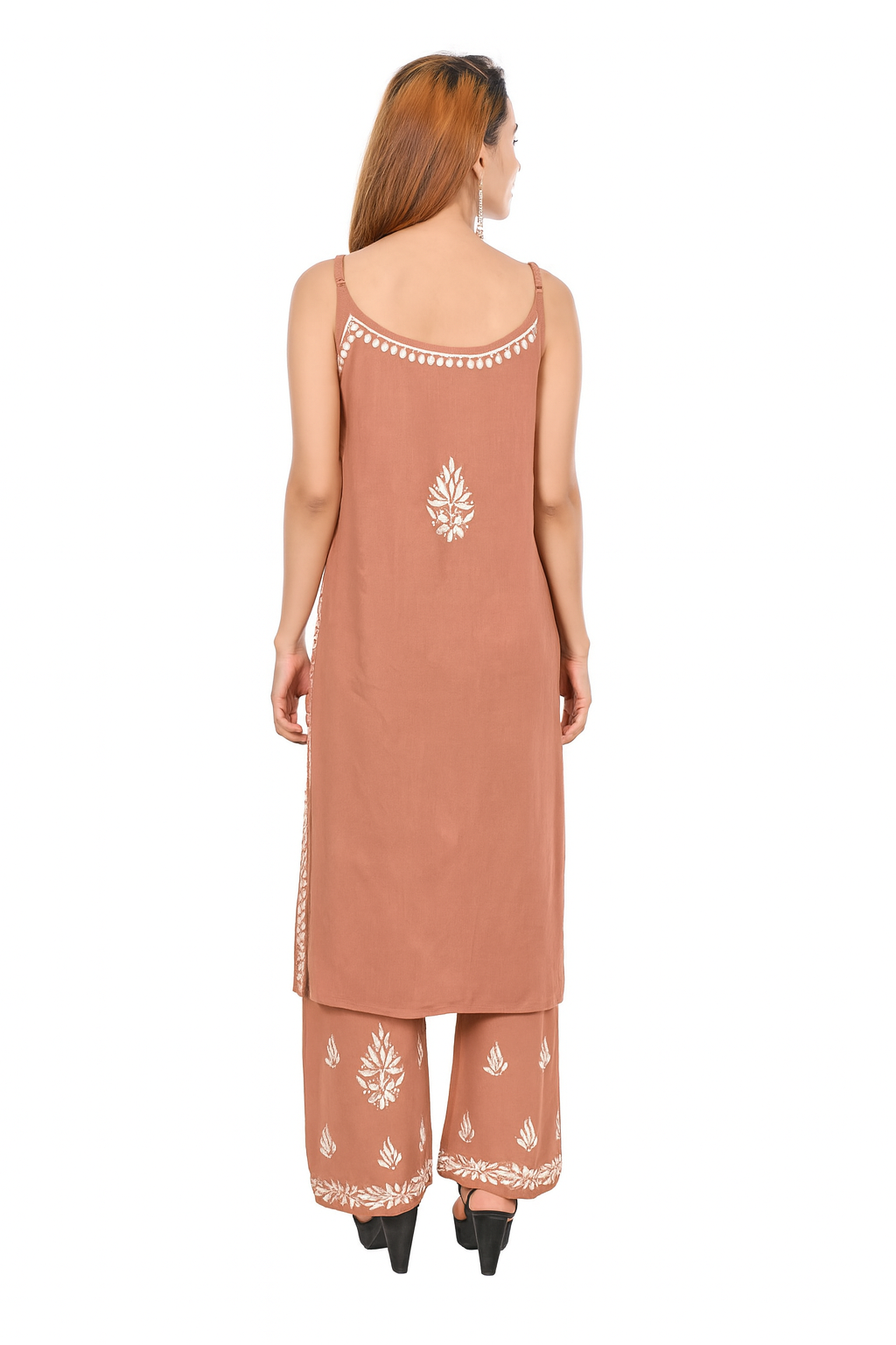 MS CHIKAN ARTS Women's Rayon Sleeveless Kurti with Palazzo Set, Lucknowi Chikankari Hand Embroidery