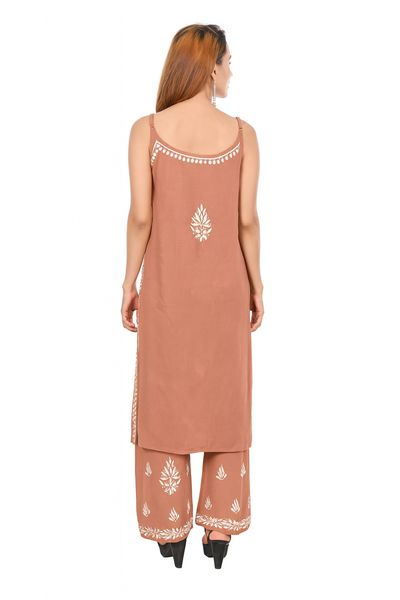 MS CHIKAN ARTS Women's Rayon Sleeveless Kurti with Palazzo Set, Lucknowi Chikankari Hand Embroidery