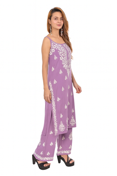 MS CHIKAN ARTS Women's Rayon Sleeveless Kurti with Palazzo Set, Lucknowi Chikankari Hand Embroidery