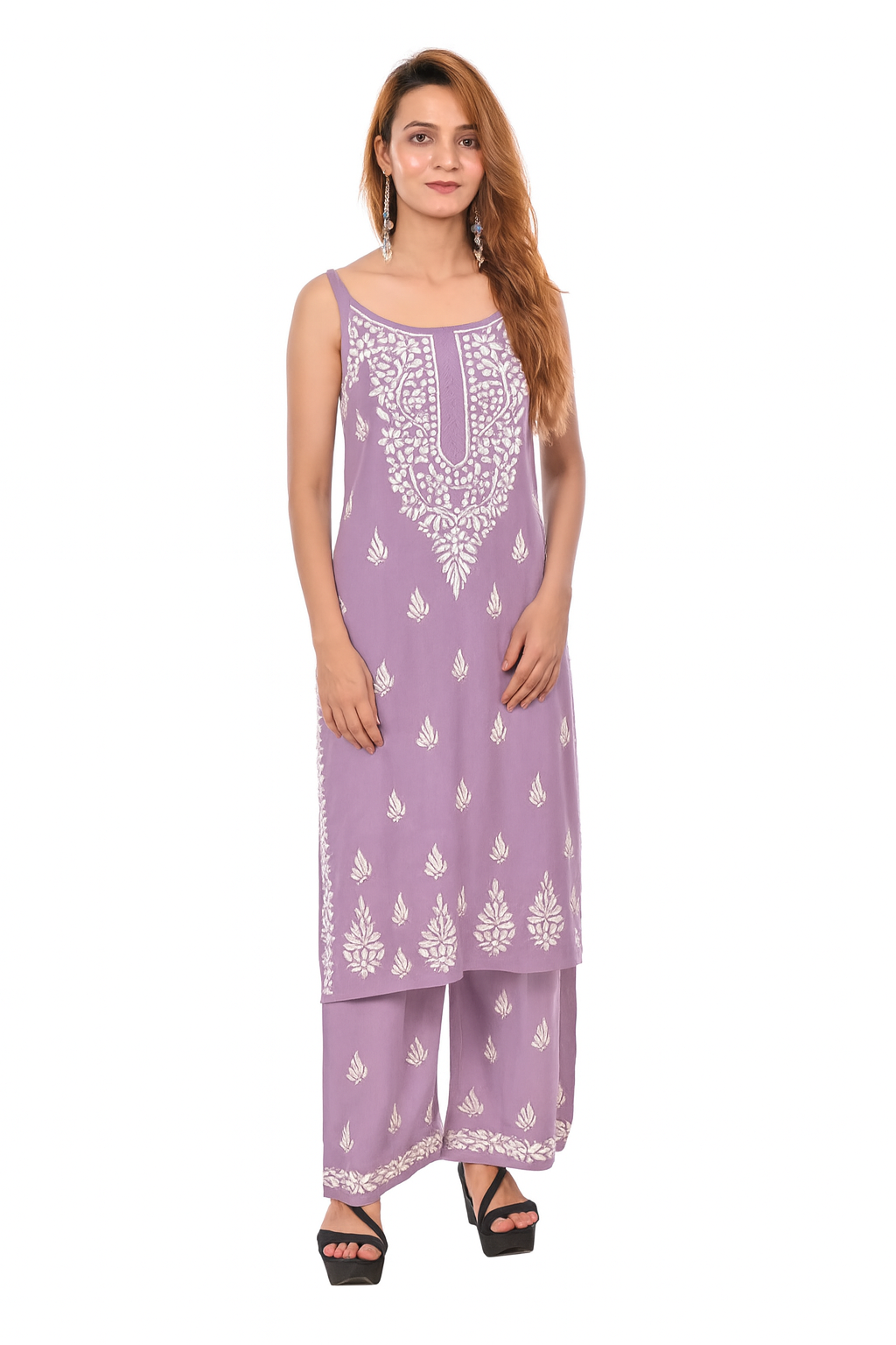 MS CHIKAN ARTS Women's Rayon Sleeveless Kurti with Palazzo Set, Lucknowi Chikankari Hand Embroidery