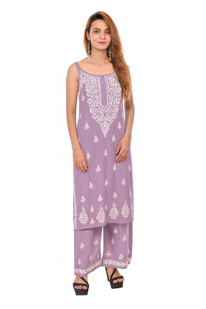 MS CHIKAN ARTS Women's Rayon Sleeveless Kurti with Palazzo Set, Lucknowi Chikankari Hand Embroidery