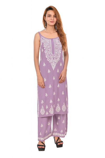 MS CHIKAN ARTS Women's Rayon Sleeveless Kurti with Palazzo Set, Lucknowi Chikankari Hand Embroidery