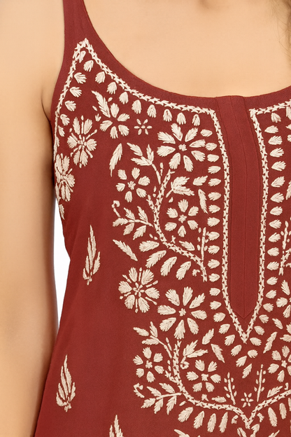 MS CHIKAN ARTS Women's Rayon Sleeveless Kurti with Palazzo Set, Lucknowi Chikankari Hand Embroidery