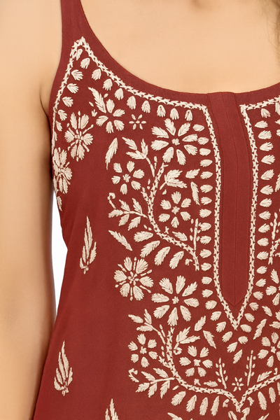 MS CHIKAN ARTS Women's Rayon Sleeveless Kurti with Palazzo Set, Lucknowi Chikankari Hand Embroidery