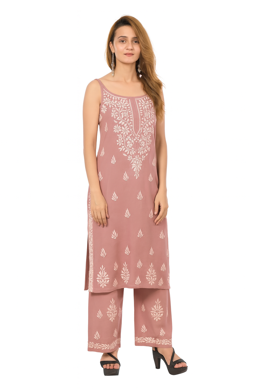 MS CHIKAN ARTS Women's Rayon Sleeveless Kurti with Palazzo Set, Lucknowi Chikankari Hand Embroidery