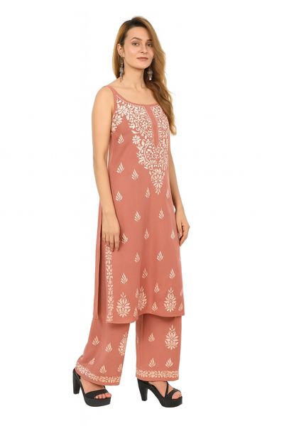MS CHIKAN ARTS Women's Rayon Sleeveless Kurti with Palazzo Set, Lucknowi Chikankari Hand Embroidery