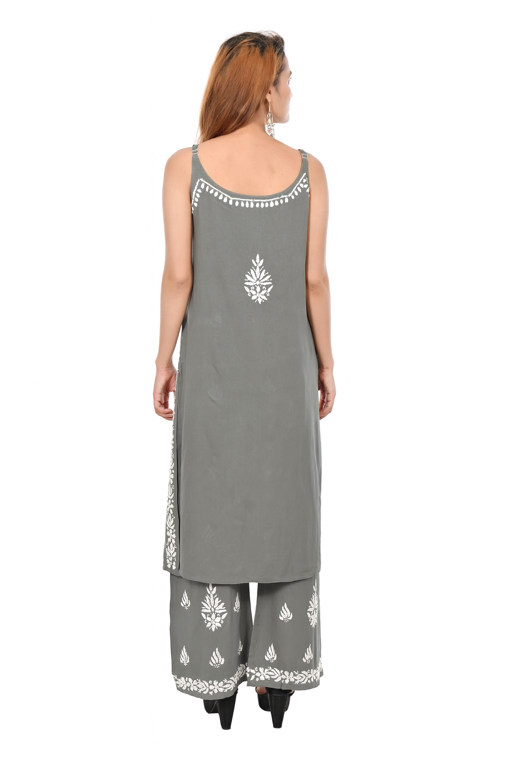 MS CHIKAN ARTS Women's Rayon Sleeveless Kurti with Palazzo Set, Lucknowi Chikankari Hand Embroidery
