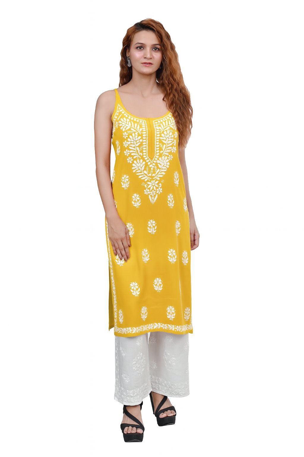 MS CHIKAN ARTS Women's Rayon Sleeveless Lucknowi Chikankari Hand Work Round Neck Kurti