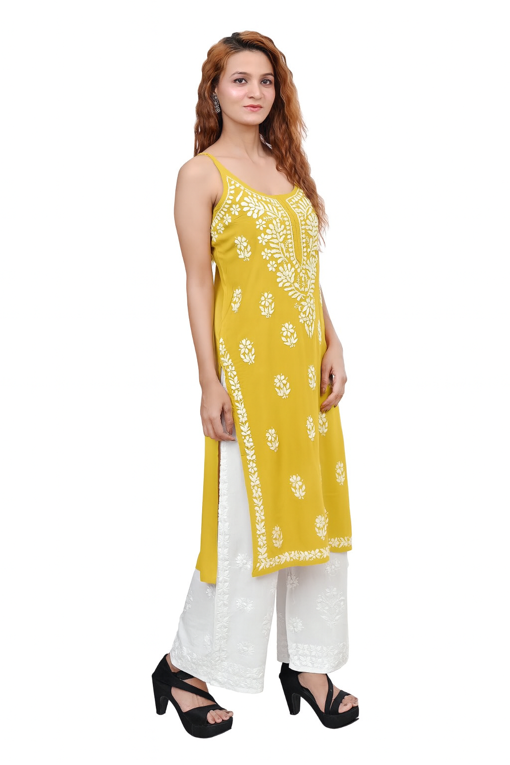 MS CHIKAN ARTS Women's Rayon Sleeveless Lucknowi Chikankari Hand Work Round Neck Kurti
