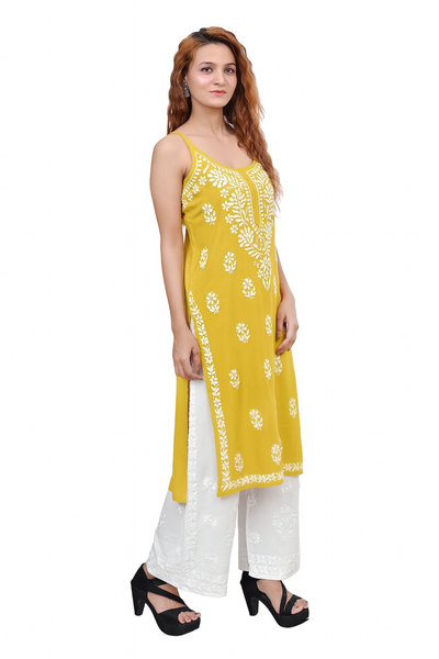 MS CHIKAN ARTS Women's Rayon Sleeveless Lucknowi Chikankari Hand Work Round Neck Kurti