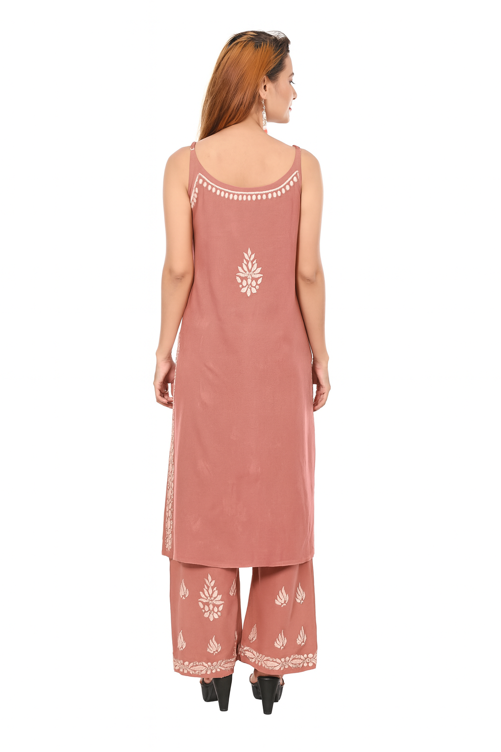 MS CHIKAN ARTS Women's Rayon Sleeveless Kurti with Palazzo Set, Lucknowi Chikankari Hand Embroidery