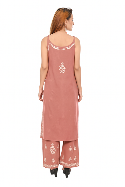 MS CHIKAN ARTS Women's Rayon Sleeveless Kurti with Palazzo Set, Lucknowi Chikankari Hand Embroidery