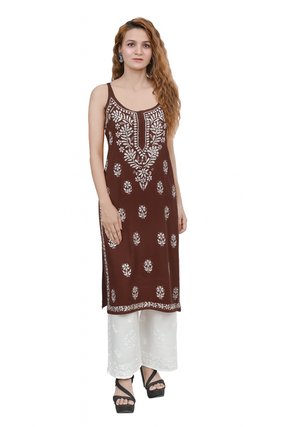 MS CHIKAN ARTS Women's Rayon Sleeveless Lucknowi Chikankari Hand Work Round Neck Kurti