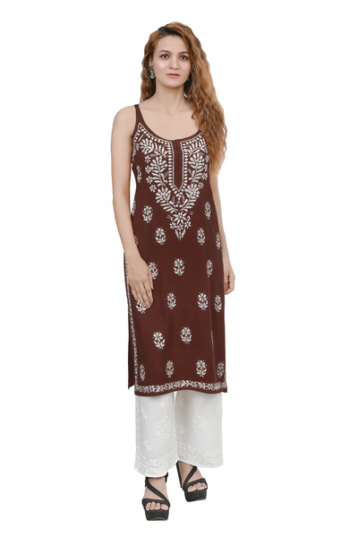 MS CHIKAN ARTS Women's Rayon Sleeveless Lucknowi Chikankari Hand Work Round Neck Kurti