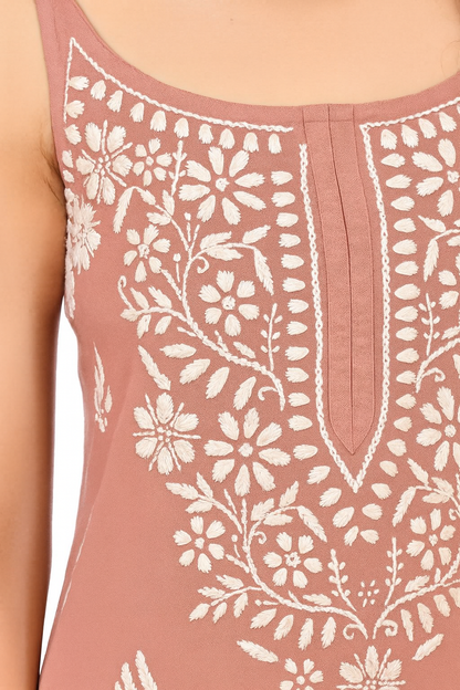 MS CHIKAN ARTS Women's Rayon Sleeveless Kurti with Palazzo Set, Lucknowi Chikankari Hand Embroidery